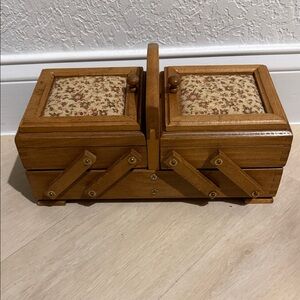 Vintage Needlepoint Pillow Top Brown Wooden Sewing Box
